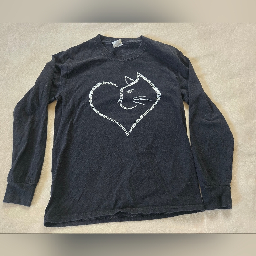 Port Company Big Girls Black Cat Heart Long Sleeve Shirt Size L
